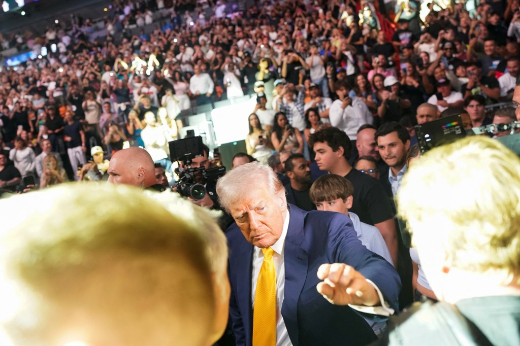 U.S. President Donald Trump gesturing at UFC 314 event at the Kaseya Center in Miami, Florida on April 12, 2025