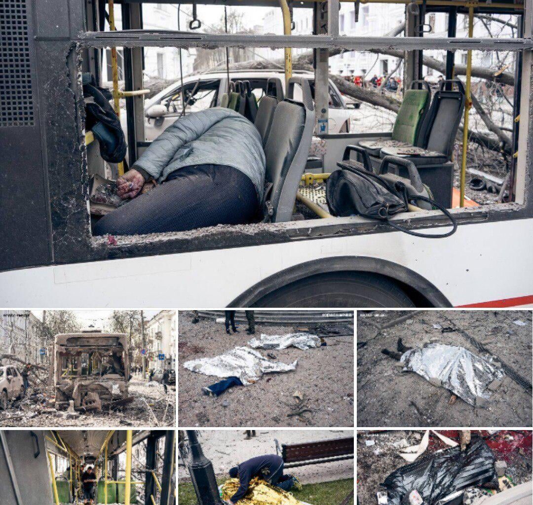 Summy. Footage from a trolleybus that was hit by a Russian ballistic missile today.