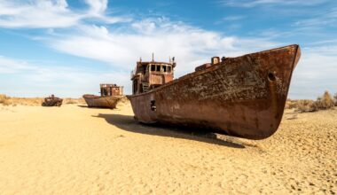 A rusty ship at the bottom of the former Aral Sea, Uzbekistan