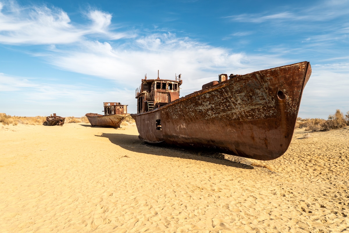 A rusty ship at the bottom of the former Aral Sea, Uzbekistan