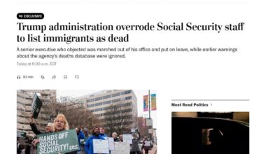 Trump administration overrode Social Security staff to list immigrants as dead. A senior executive who objected was marched out of his office and put on leave, while earlier warnings about the agency’s deaths database were ignored.