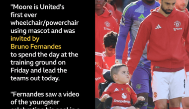 [BBC] A special Manchester United mascot today in seven-year-old Bobby Moore from Belfast. "Moore is United's first ever wheelchair/powerchair using mascot & was invited by Bruno Fernandes to spend the day at the training ground on Friday & lead the teams out today."