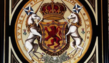 The coat of arms of Scotland as displayed above a fireplace at Falkland palace