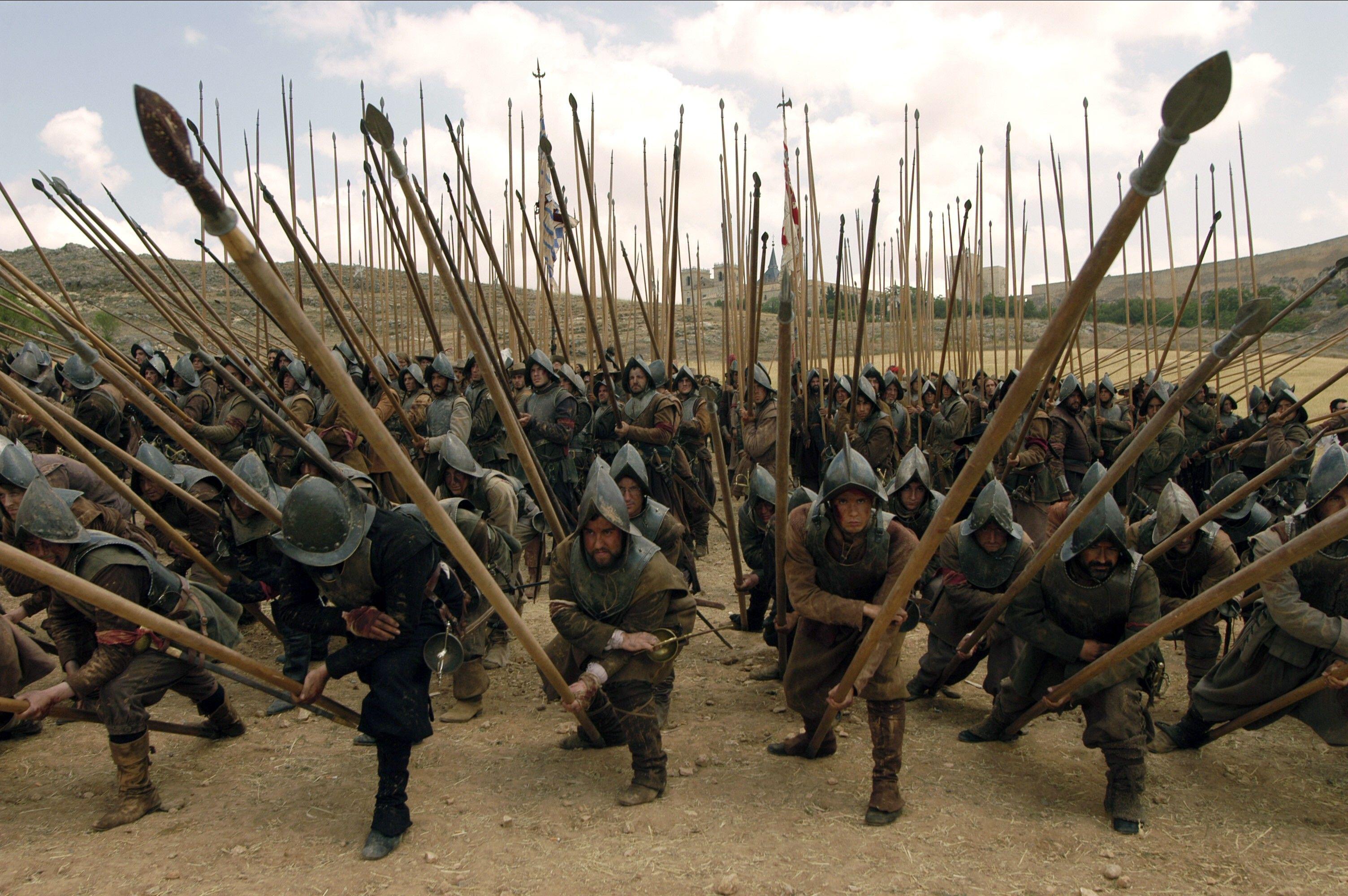 A film still depicting a battle scene from Captain Alatriste: The Spanish Musketeer.  Numerous soldiers with pikes are positioned in formation.