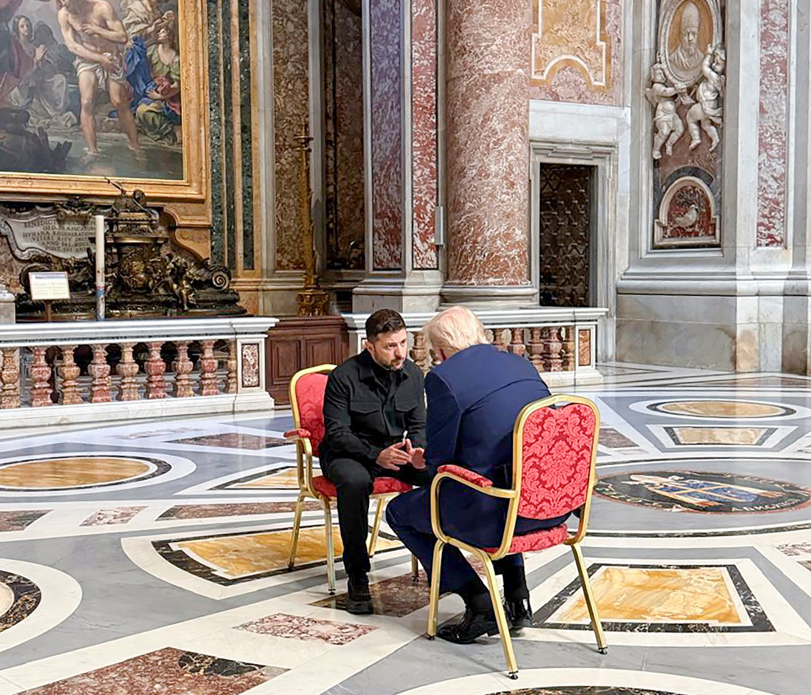 Zelensky and Trump meeting in St. Peter's Cathedral before Pope Francis' funeral mass.