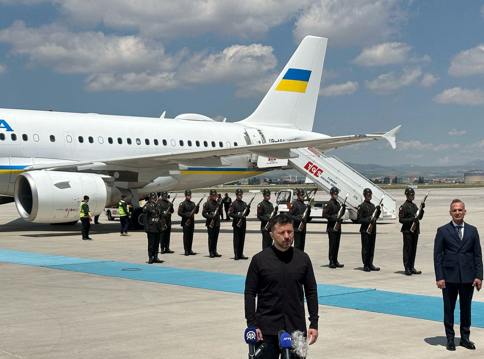 President Zelensky talks to the media after arriving in Ankara