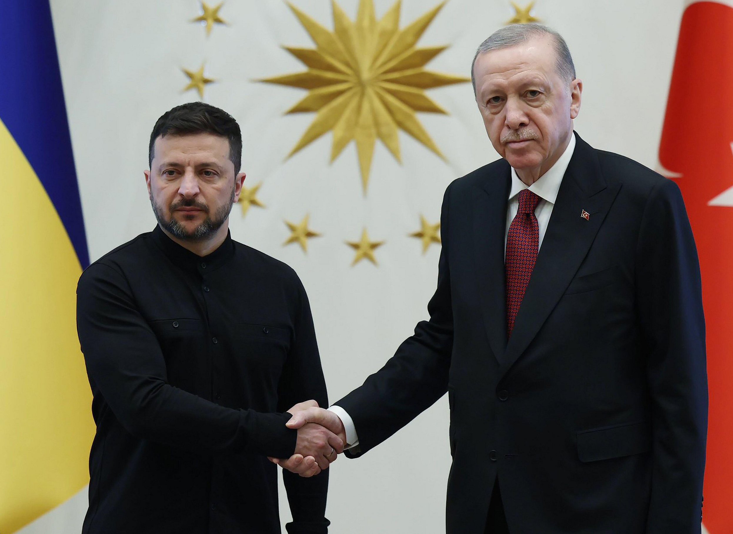 President Zelenskyy and President Erdoğan shaking hands.