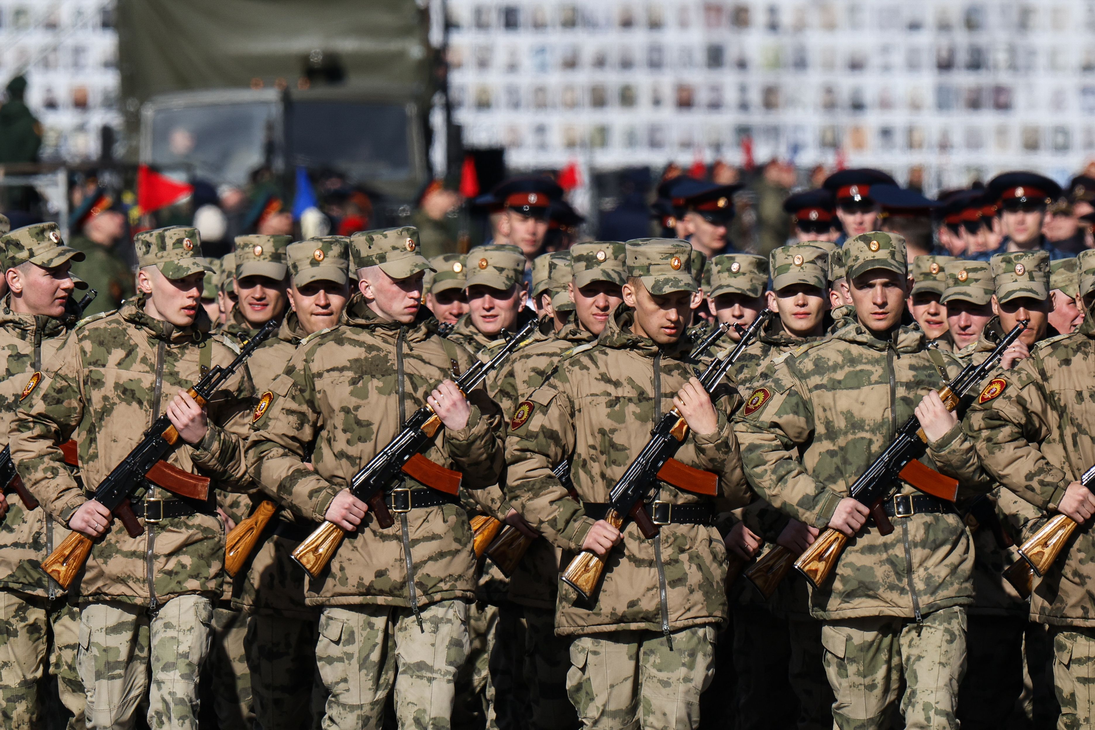 Russian servicemen rehearsing for the Victory Day Parade in St. Petersburg.