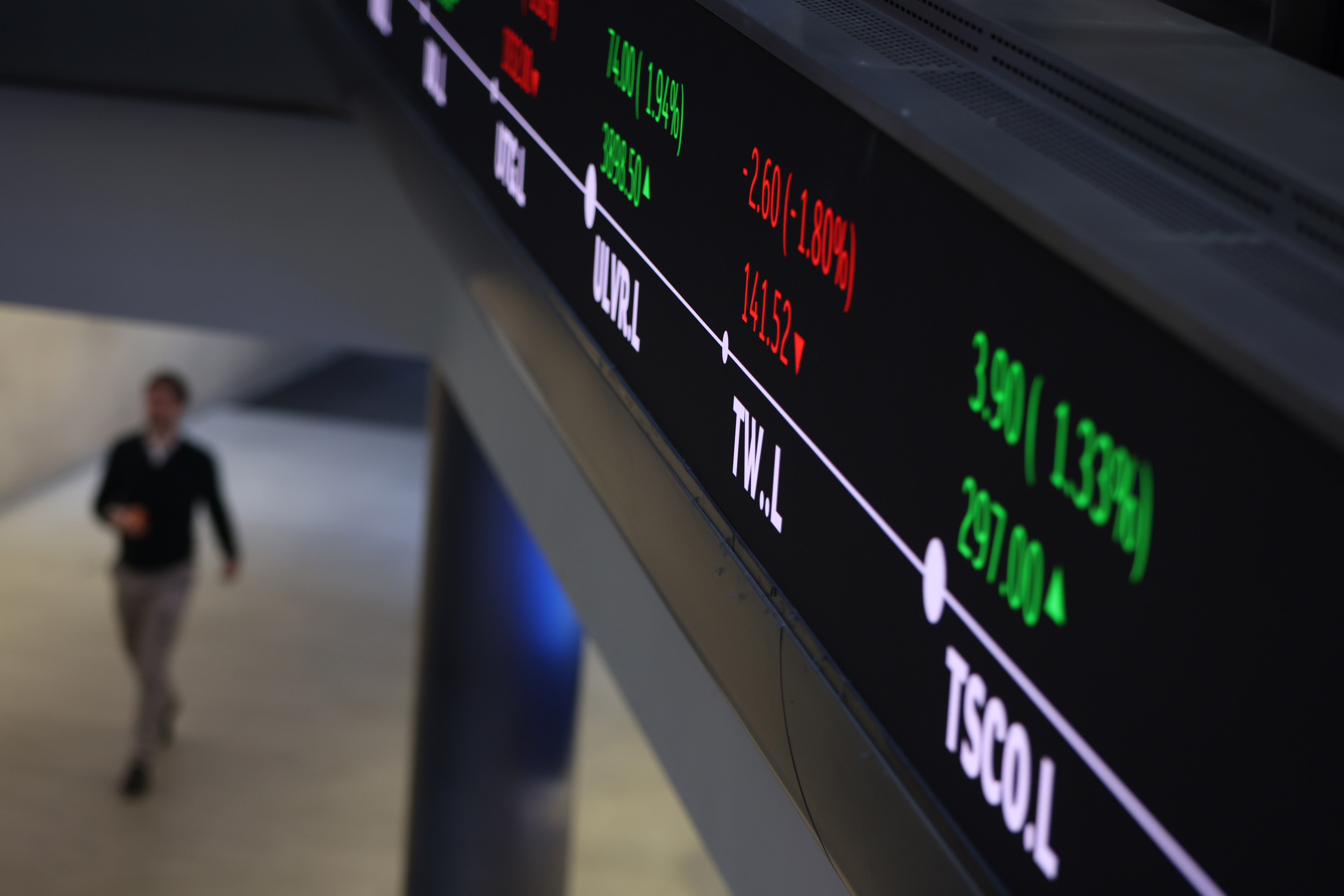 Stock prices displayed on a screen at the London Stock Exchange.