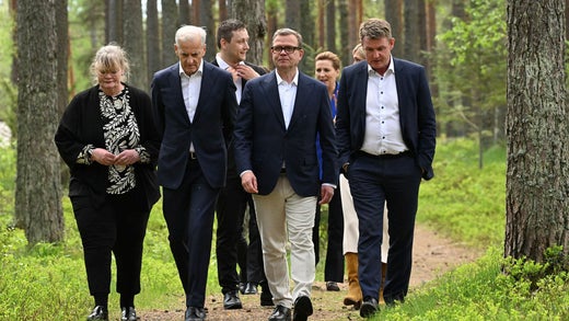 Nordiskt statsministermöte i Pemar i Finland. Längst fram Ålands lantråd Katrin Sjögren, Norges statsminister Jonas Gahr Støre, Finlands statsminister Petteri Orpo och Färöarnas lagman Aksel Vilhelmsson Johannesen.