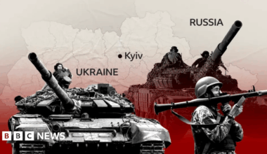Stylised image showing a map of Ukraine overlaid with images of tanks and a soldier holding a shoulder launcher