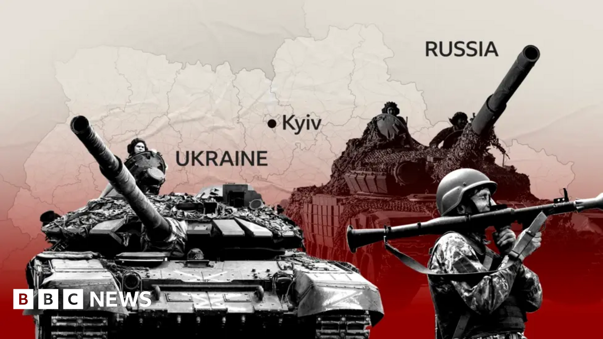 Stylised image showing a map of Ukraine overlaid with images of tanks and a soldier holding a shoulder launcher