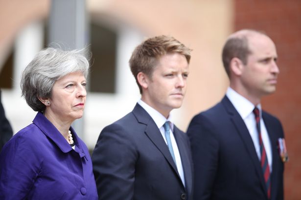 Hugh Grosvenor standing either side of Theresa May and Prince William
