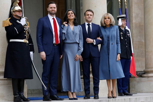 French President Emmanuel Macron and his wife Brigitte Macron welcome US Vice President JD Vance and his wife Usha Vance