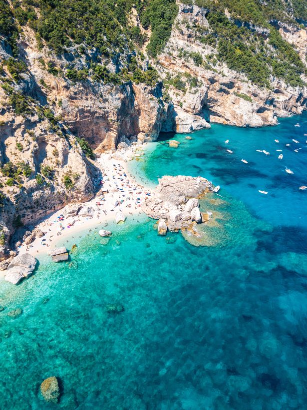 Cala Mariolu, Orosei Gulf Coastline, Sardinia Island, Italy. Mediterranean Sea. Aerial View near Cala Gonone