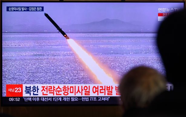 A 24-hour Yonhap news TV broadcast at Seoul Railway Station showing a news broadcast with a strategic cruise missile during a drill by the Korean People's Army(KPA), on the coast of the "West Sea of Korea", or Yellow Sea, in North Korea. North Korea carried out a test-launch of its strategic cruise missiles in the Yellow Sea this week, Pyongyang's state media reported on February 28.