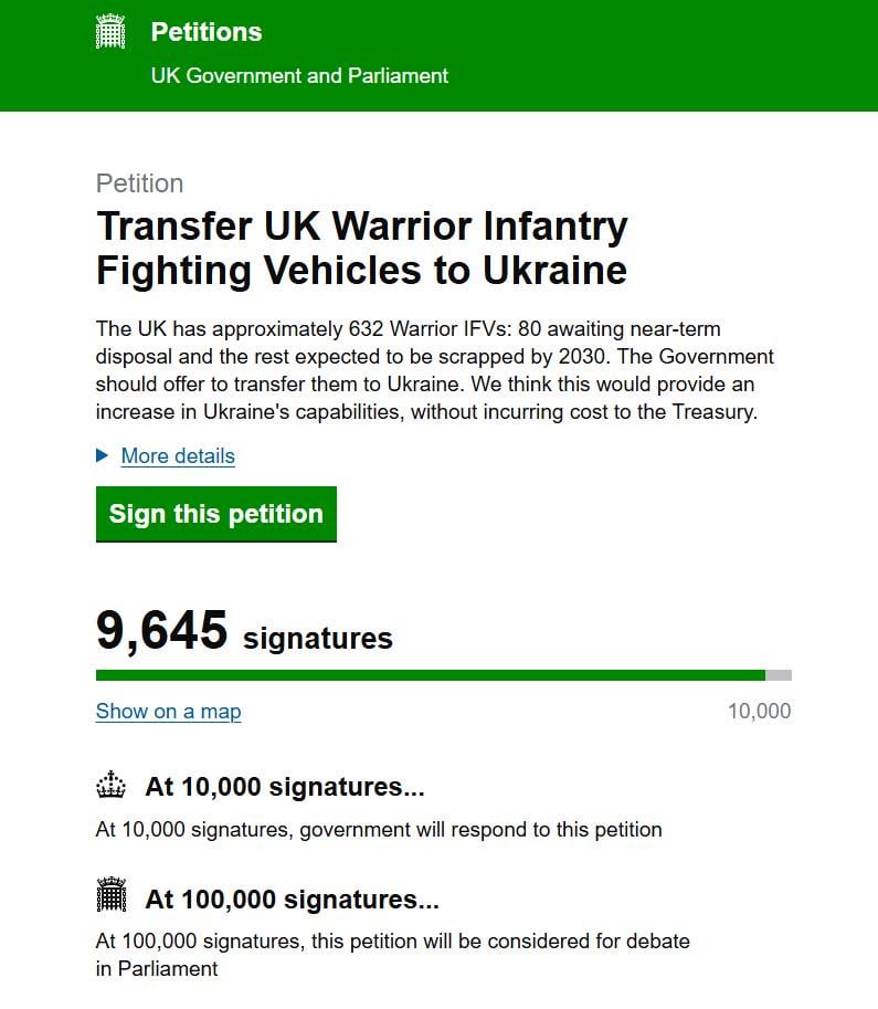 Petition to UK government about transfer UK Warrior Infantry Fighting Vehicles to Ukraine