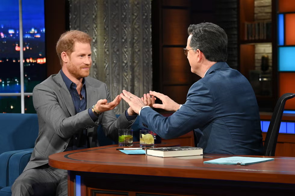 BBC Apologizes, Says Prince Harry Interview Controversy Was "Lapse in our usual high editorial standards" 4 Prince Harry sitting with Stephen Colbert