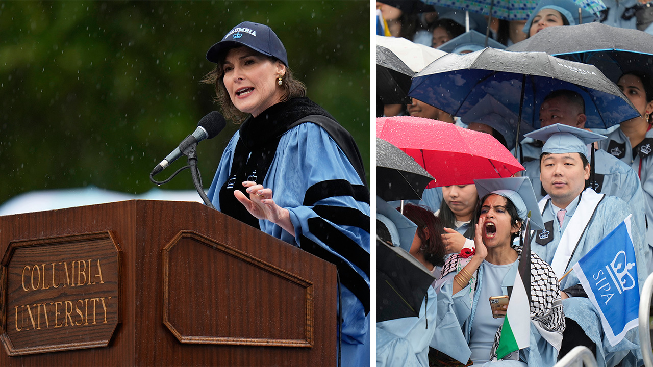Left: Columbia University's acting president Claire Shipman speaks during commencement ceremony; Right: Some students react as Shipman speaks during the commencement ceremony.