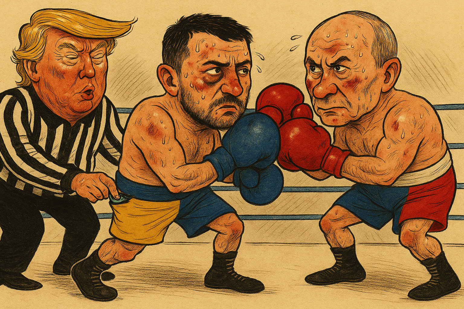 [AI-generated] "A fair arbiter." A political cartoon on Trump forcing Ukraine to sign an unfair mineral deal as a condition of military support against Russian aggression.