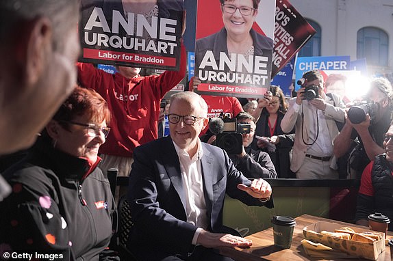DEVONPORT, AUSTRALIA - MAY 02: Australian Prime Minister Anthony Albanese joined by Labor candidate for Braddon, Anne Urquhart (L) visit Rooke Street Mall shopping area in Devonport on May 02, 2025 in Devonport, Australia. Australia will hold a federal election on May 3.