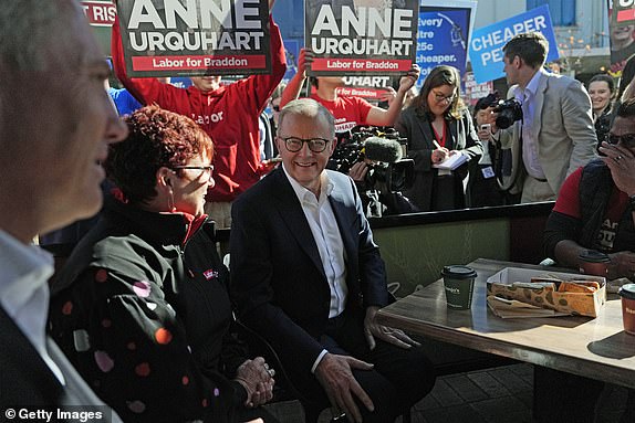 DEVONPORT, AUSTRALIA - MAY 02: Australian Prime Minister Anthony Albanese joined by Labor candidate for Braddon, Anne Urquhart and Deputy Prime Minister, Richard Marles visit Rooke Street Mall shopping area in Devonport on May 02, 2025 in Devonport, Australia. Australia will hold a federal election on May 3.