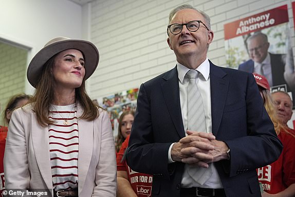 BRISBANE, AUSTRALIA - MAY 02: Australian Prime Minister Anthony Albanese alongside Labor's Candidate for Dickson, Ali France (L) visit a campaign office in the suburb of Strathpine on May 02, 2025 in Brisbane, Australia. Australia will hold a federal election on May 3. (Photo by Asanka Ratnayake/Getty Images)