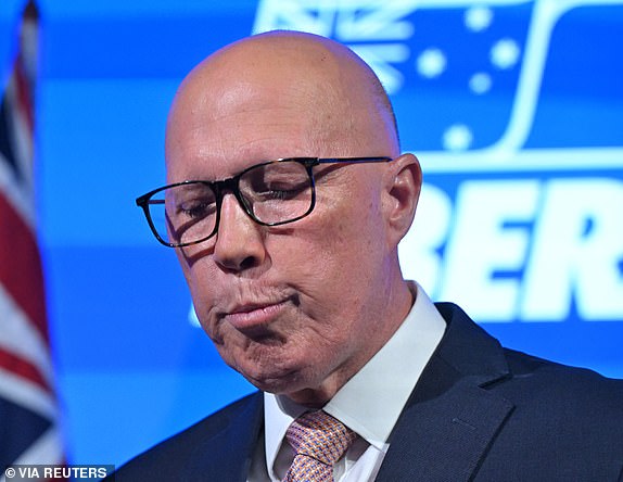 Leader of the Opposition Peter Dutton speaks at the function centre for the 2025 Federal Election, at the Federal Liberal Reception in Brisbane, Australia, May 3, 2025. AAP Image/Mick Tsikas/via REUTERS ATTENTION EDITORS - THIS IMAGE WAS PROVIDED BY A THIRD PARTY. NO RESALES. NO ARCHIVE. AUSTRALIA OUT. NEW ZEALAND OUT. NO COMMERCIAL OR EDITORIAL SALES IN NEW ZEALAND. NO COMMERCIAL OR EDITORIAL SALES IN AUSTRALIA.