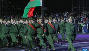 Rehearsal for Victory Day military parade held in Minsk, Belarus-Xinhua