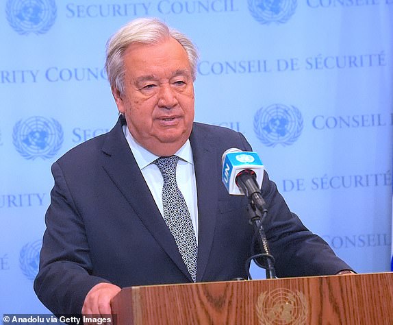 NEW YORK, UNITED STATES - MAY 05: United Nations Secretary-General Antonio Guterres urges the nuclear-armed neighbors India and Pakistan to exercise 'maximum restraint and stepping back from the brink' during his press statement at the UN on Monday, May 05, 2025, in New York City, United States. (Photo by Selcuk Acar /Anadolu via Getty Images)