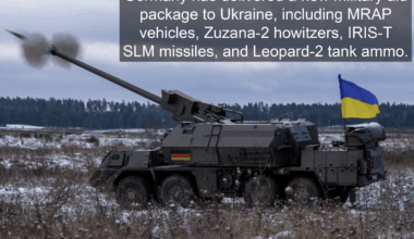 Germany has delivered a new military aid package to Ukraine, including MRAP vehicles, Zuzana-2 howitzers, IRIS-T SLM missiles, and Leopard-2 tank ammo. The aid also includes drones, mine-clearing vehicles, radar systems, and additional equipment for Ukraine's defense forces.