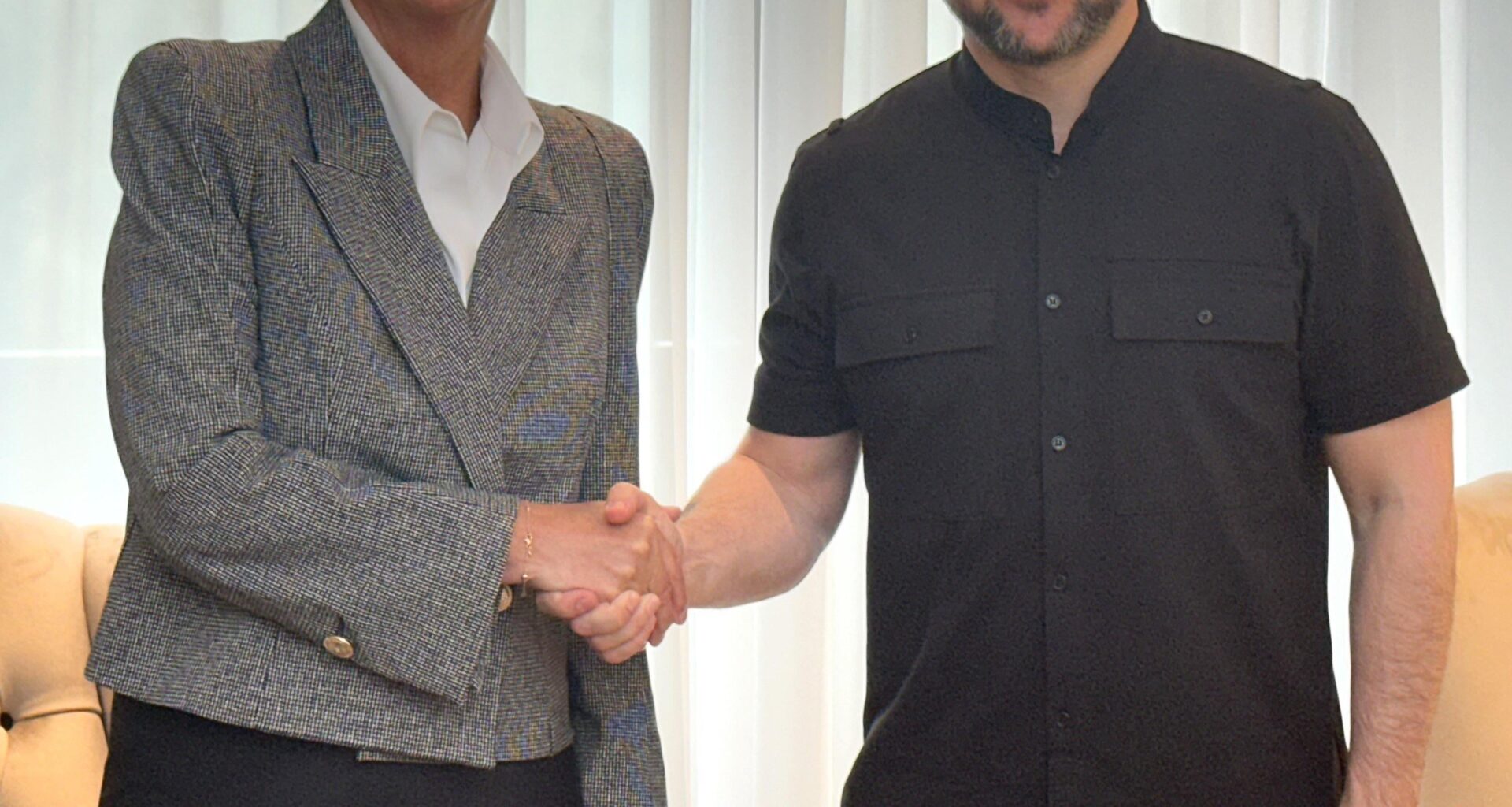 The President of Ukraine, Volodymyr Zelenskyy, as he met with and shook hands with the President of Switzerland, Karin Keller-Sutter, in Rome, Italy,