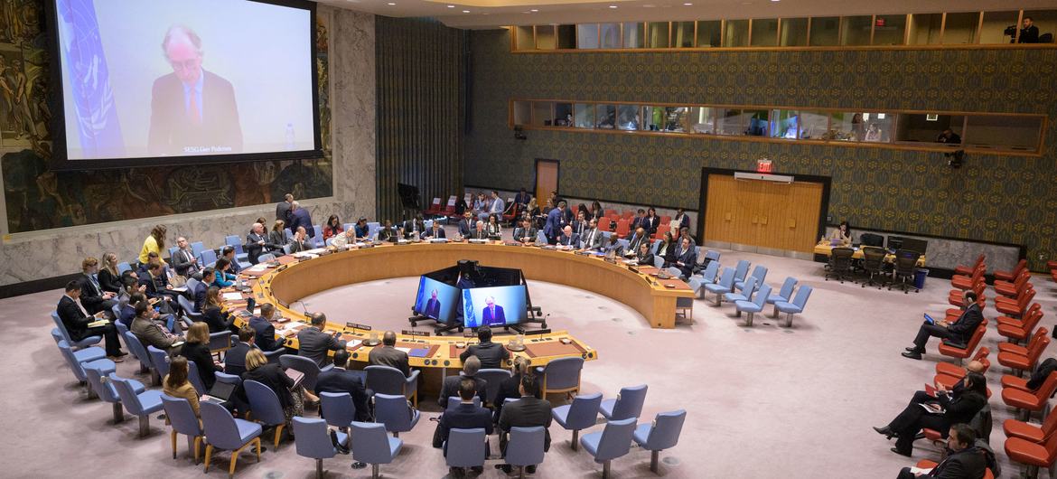 Geir Pedersen (on screen), UN Special Envoy for Syria briefs the Security Council on the situation in Syria.