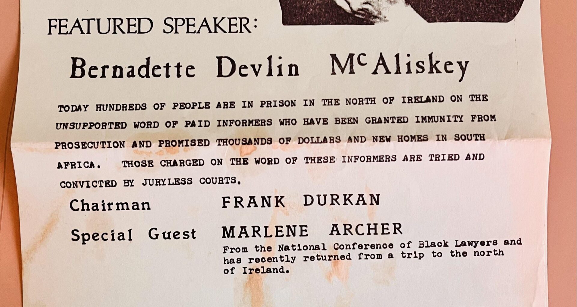A flier demonstrating how Bernadette Devlin McAliskey worked to connect with US civil rights activists on common concerns