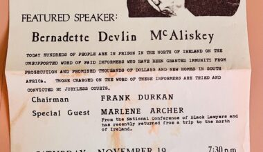 A flier demonstrating how Bernadette Devlin McAliskey worked to connect with US civil rights activists on common concerns