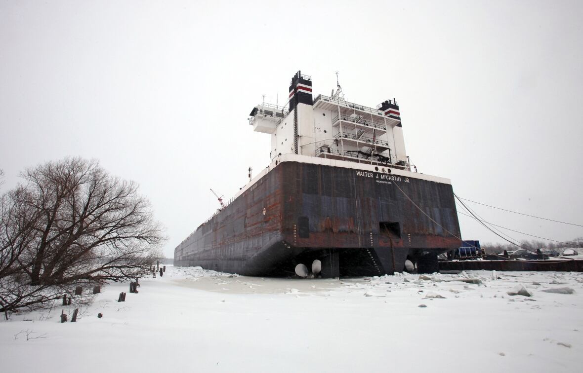 A ship is frozen in Lake Superior at port in Superior, Wisconsin February 15, 2014. 