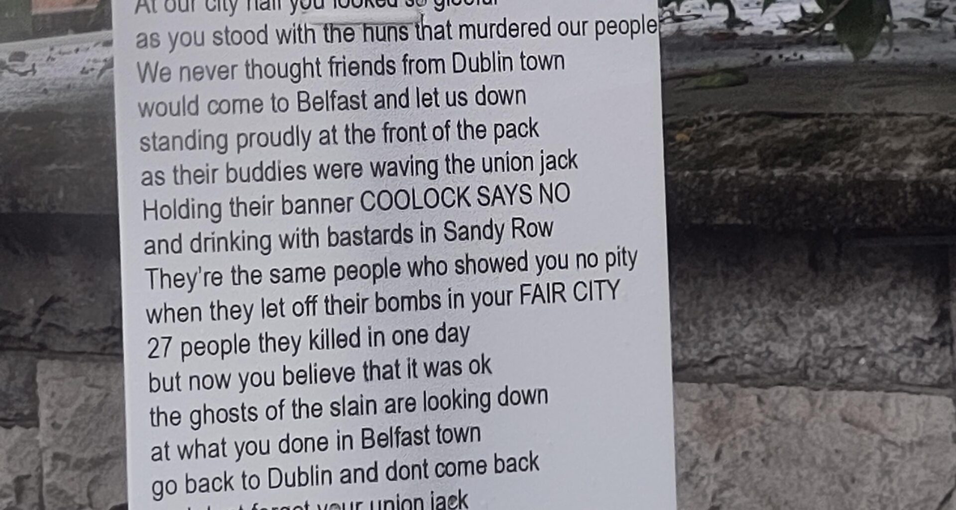 Poem criticising Coolock racists visiting Belfast racists