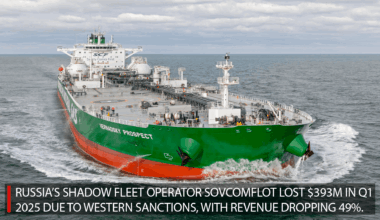 Russia’s Sovcomflot lost $393M in Q1 due to Western sanctions targeting its tanker fleet. Revenue fell 49%, operations stalled, and ships were idled. U.S. revoked licenses in January. Ukraine also exposed 31 vessels and 11 captains skirting oil trade bans.