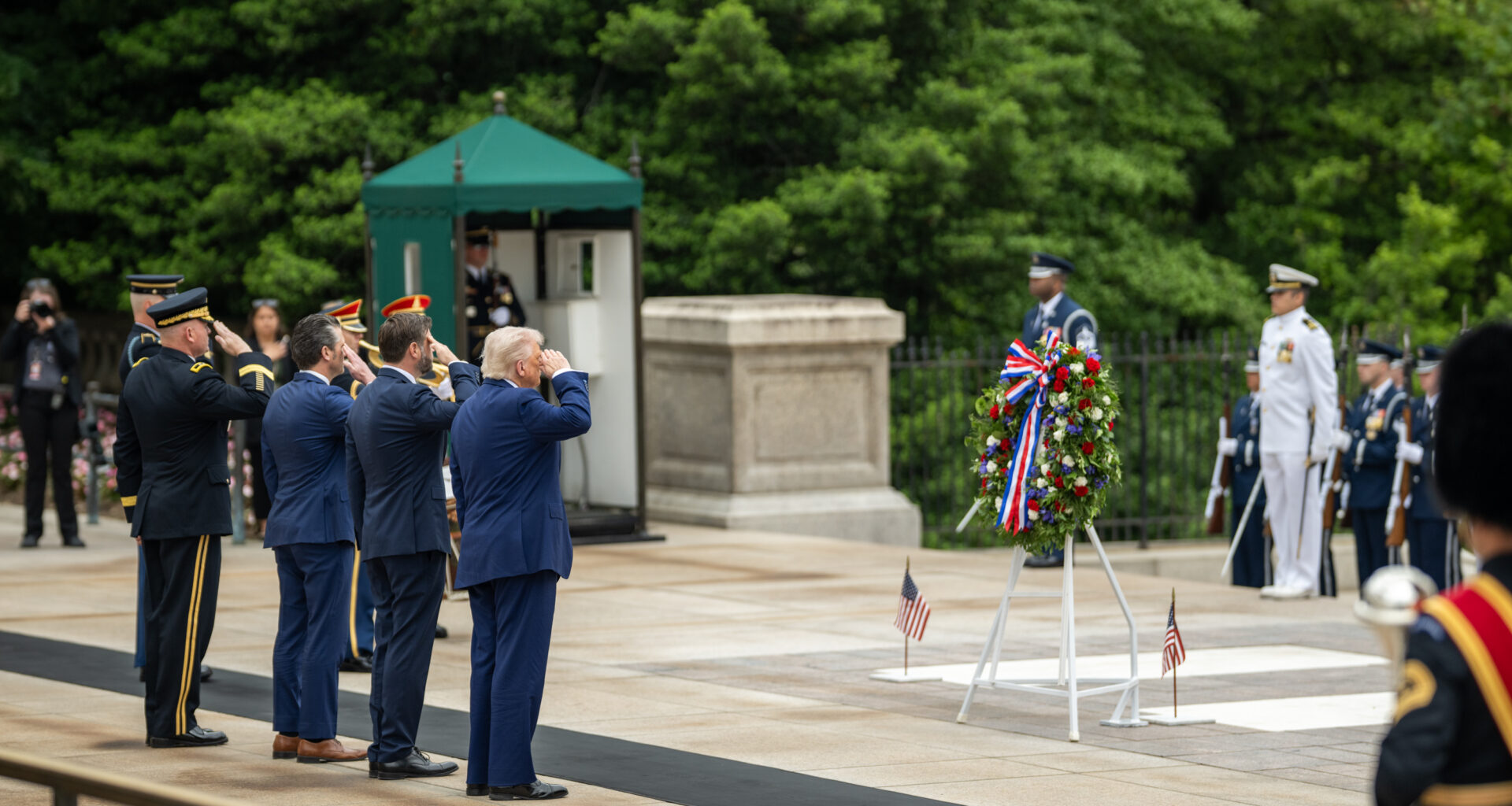 President Donald Trump, Vice President JD Vance, and Secretary of Defense Pete Hegseth participate in a wreath-laying ceremony at the Tomb of the Unknown Soldier on Memorial Day, Monday, May 26, 2026, at Arlington National Cemetery in Arlington, Virginia. (Official White House Photo by Daniel Torok)