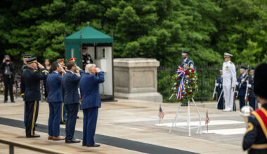 President Donald Trump, Vice President JD Vance, and Secretary of Defense Pete Hegseth participate in a wreath-laying ceremony at the Tomb of the Unknown Soldier on Memorial Day, Monday, May 26, 2026, at Arlington National Cemetery in Arlington, Virginia. (Official White House Photo by Daniel Torok)
