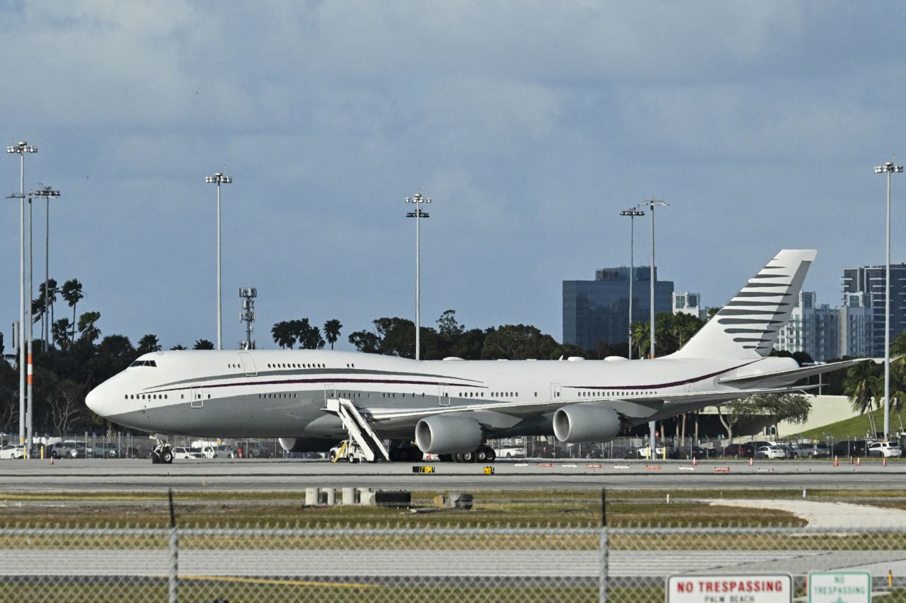 This February 15, 2025 photo shows a Boeing 747 on the tarmac of Palm Beach International airport after US President Donald Trump toured the aircraft.