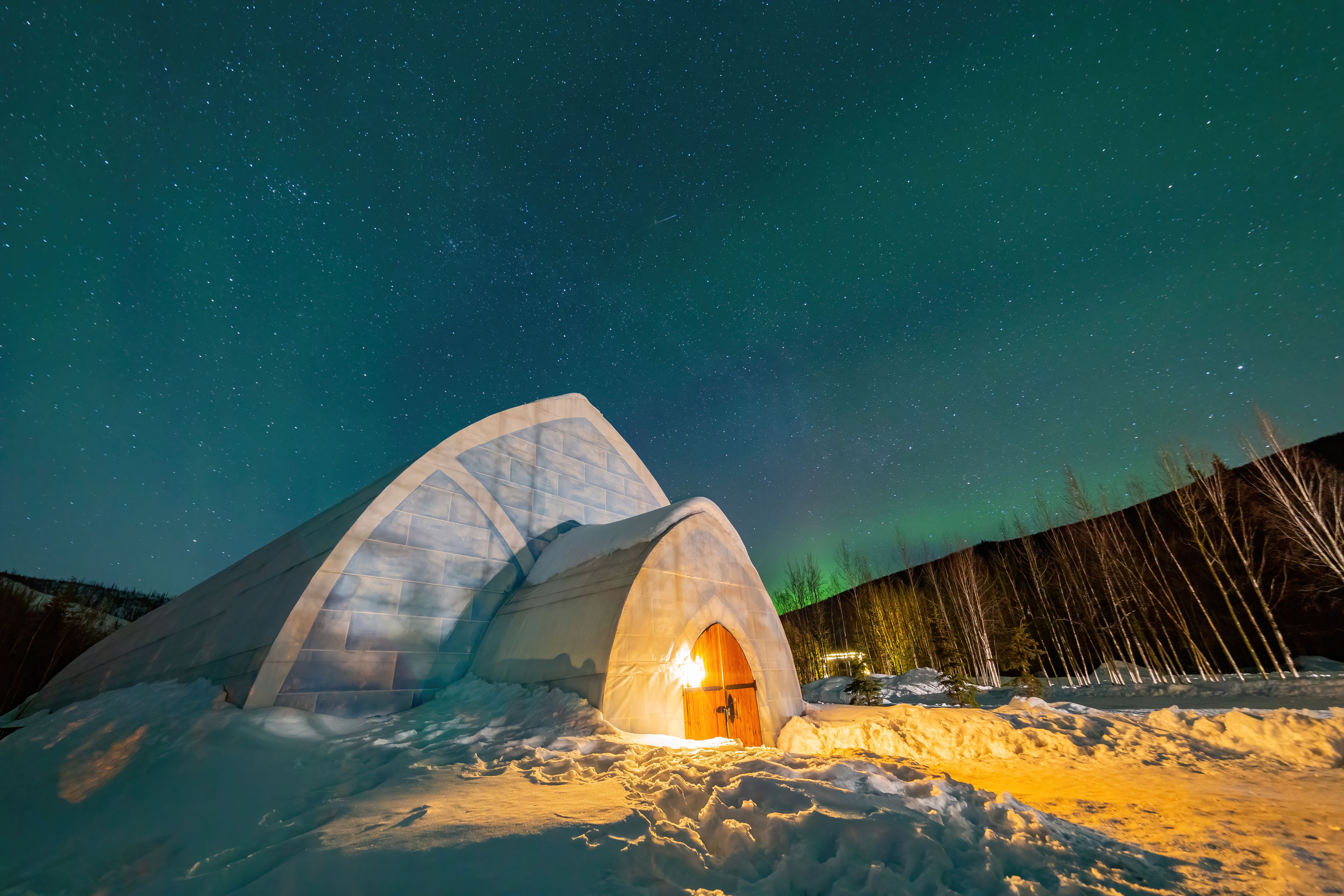Night starry view of a ice dome in Chena Hot Springs Resort at Fairbanks, Alaska