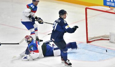 Slovakia’s goaltender Samuel Hlavaj (31) concedes the opening goal during the Group A match between Slovakia and Finland at the 88th Ice Hockey World Championship in Stockholm on Tuesday, 20 May 2025.