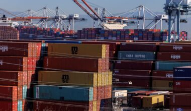 Stacked containers are shown as ships unload their cargo at the Port of Los Angeles in Los Angeles, California, U.S. November 22, 2021. REUTERS/Mike Blake/File Photo