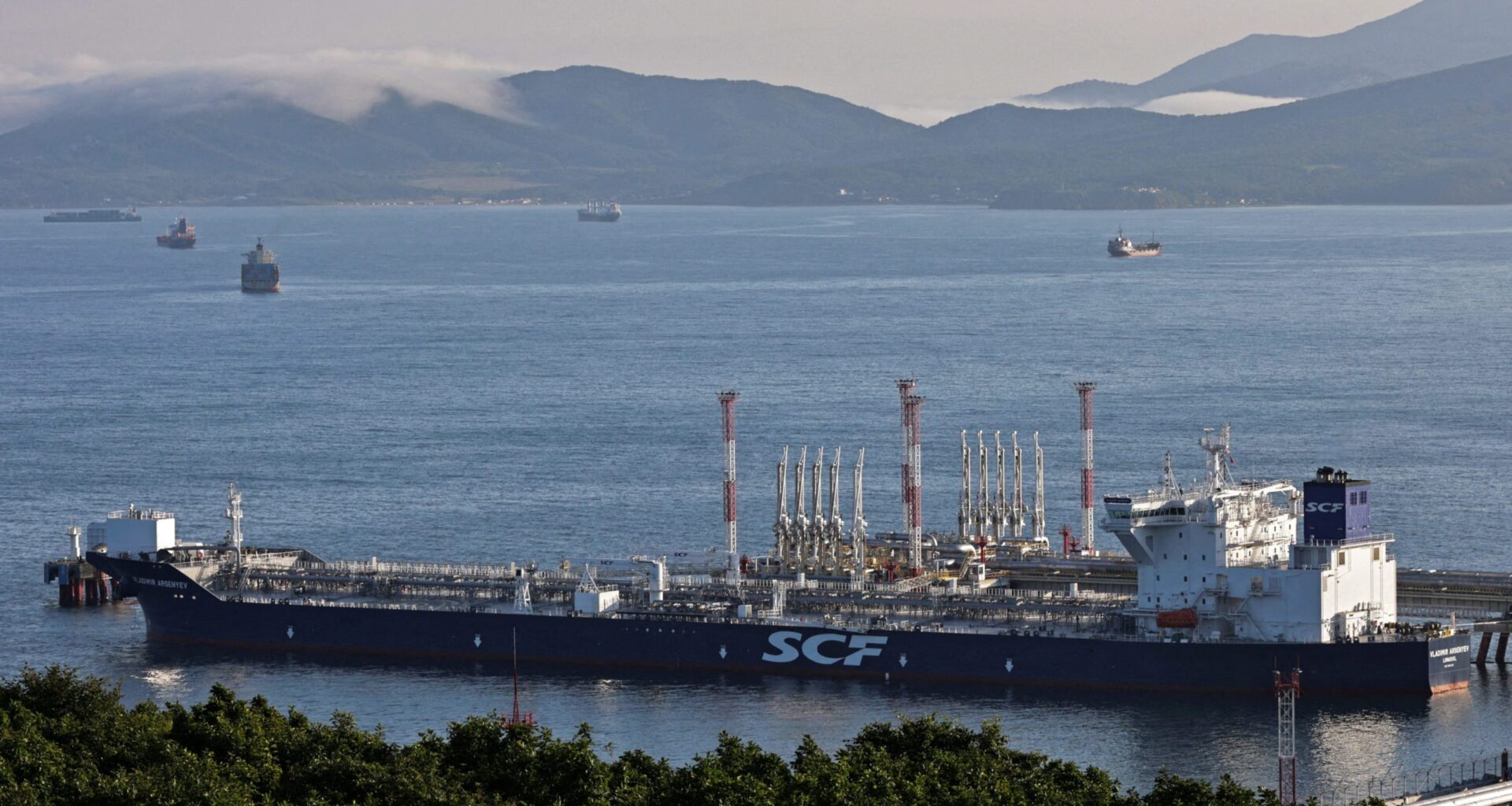 An aerial view shows an SCF tanker at the crude oil terminal Kozmino on the shore of Nakhodka Bay near the port city of Nakhodka, Russia August 12, 2022