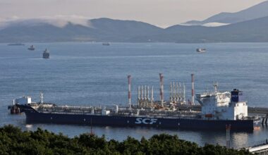 An aerial view shows an SCF tanker at the crude oil terminal Kozmino on the shore of Nakhodka Bay near the port city of Nakhodka, Russia August 12, 2022