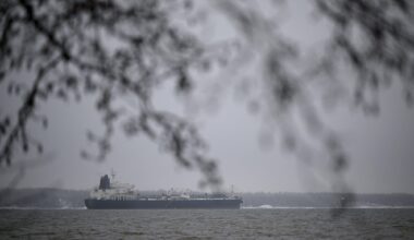 Suspected shadow fleetl tanker Eagle S anchored near the Kilpilahti port in Porvoo