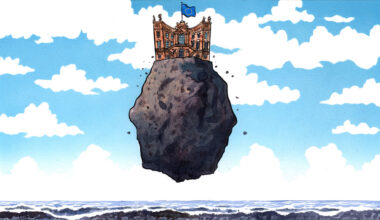 This illustration shows a grand, European-style building with an EU flag on top, perched on a large floating rock above the ocean. The rock is crumbling, with small pieces falling off. The sky is bright with scattered clouds.