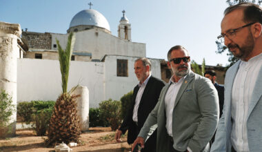U.S. congressman Cory Mills, second from right, walks in the Old City of Damascus, Syria