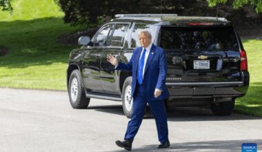 U.S. President Donald Trump walks to board Marine One at White House-Xinhua